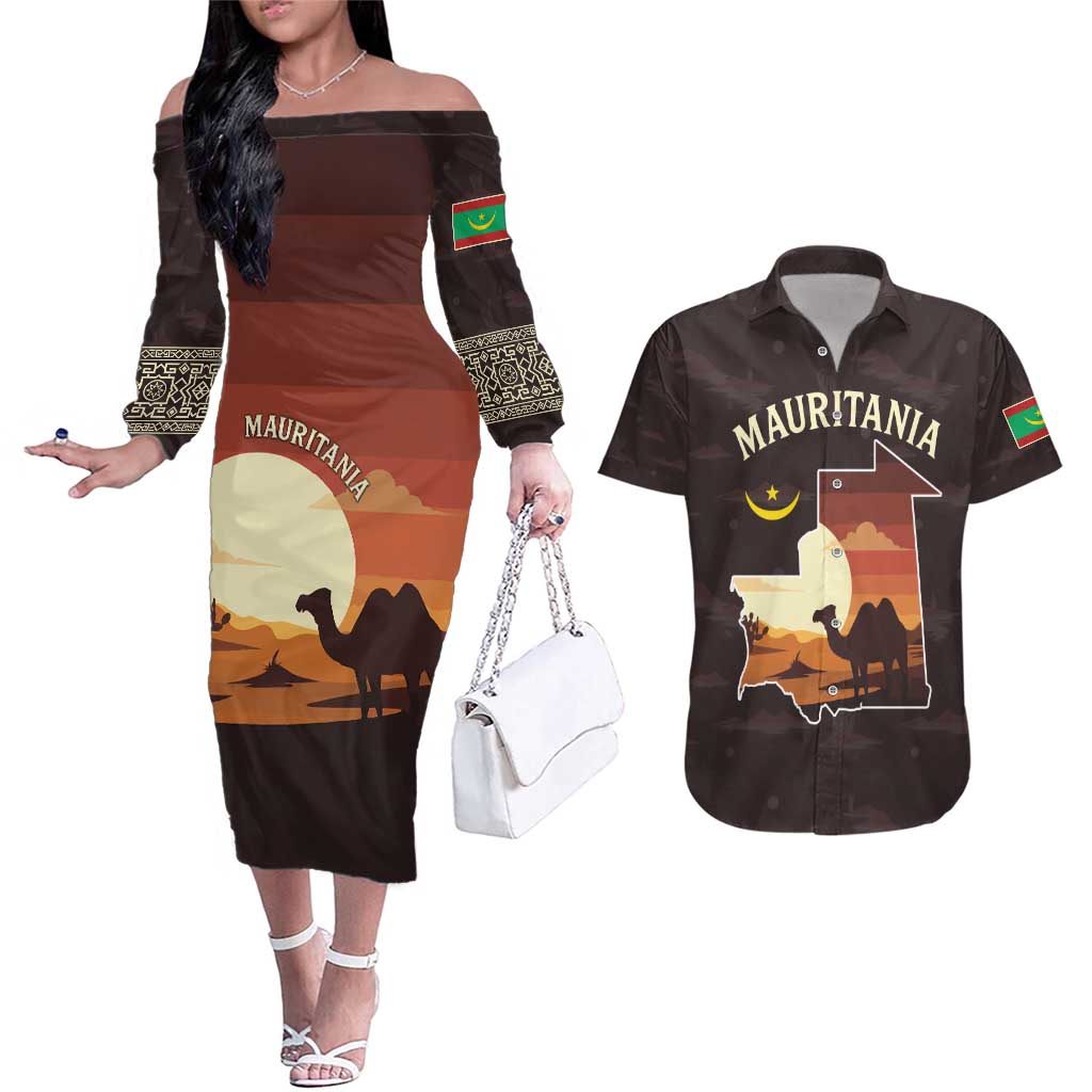 Mauritania Couples Matching Off The Shoulder Long Sleeve Dress and Hawaiian Shirt with Desert Sunset Camel Silhouette and Flag Accents