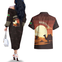 Mauritania Couples Matching Off The Shoulder Long Sleeve Dress and Hawaiian Shirt with Desert Sunset Camel Silhouette and Flag Accents