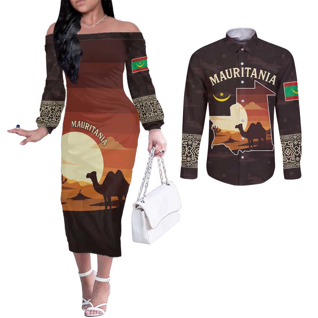 Mauritania Couples Matching Off The Shoulder Long Sleeve Dress and Long Sleeve Button Shirt with Desert Sunset Camel Silhouette and Flag Accents
