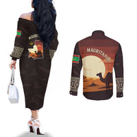 Mauritania Couples Matching Off The Shoulder Long Sleeve Dress and Long Sleeve Button Shirt with Desert Sunset Camel Silhouette and Flag Accents