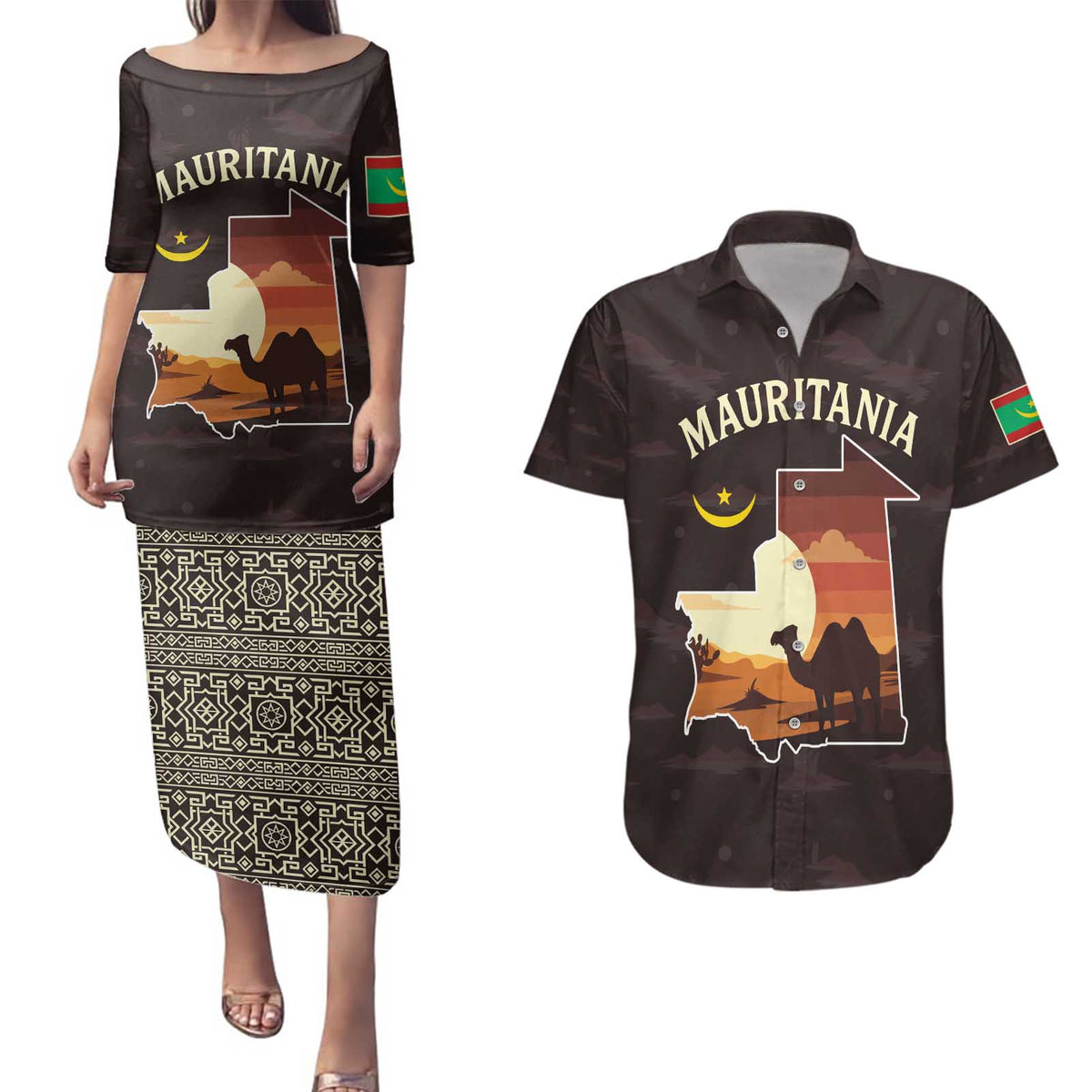 Mauritania Couples Matching Puletasi and Hawaiian Shirt with Desert Sunset Camel Silhouette and Flag Accents