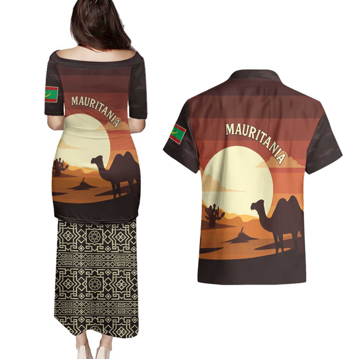 Mauritania Couples Matching Puletasi and Hawaiian Shirt with Desert Sunset Camel Silhouette and Flag Accents