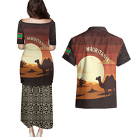 Mauritania Couples Matching Puletasi and Hawaiian Shirt with Desert Sunset Camel Silhouette and Flag Accents