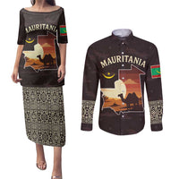 Mauritania Couples Matching Puletasi and Long Sleeve Button Shirt with Desert Sunset Camel Silhouette and Flag Accents