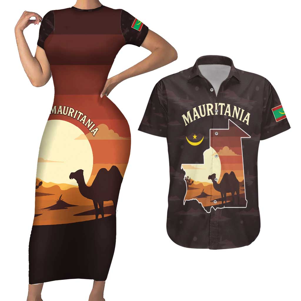 Mauritania Couples Matching Short Sleeve Bodycon Dress and Hawaiian Shirt with Desert Sunset Camel Silhouette and Flag Accents
