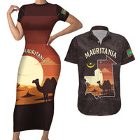 Mauritania Couples Matching Short Sleeve Bodycon Dress and Hawaiian Shirt with Desert Sunset Camel Silhouette and Flag Accents