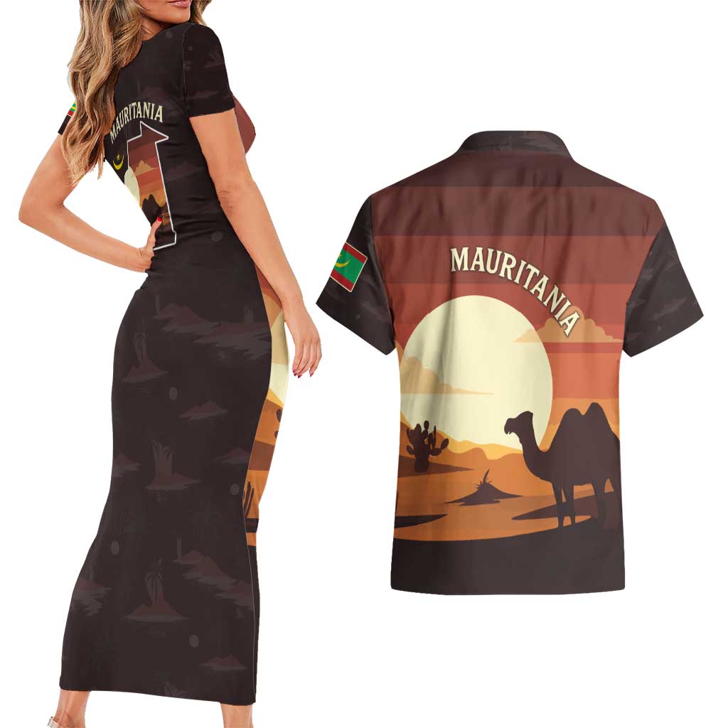 Mauritania Couples Matching Short Sleeve Bodycon Dress and Hawaiian Shirt with Desert Sunset Camel Silhouette and Flag Accents