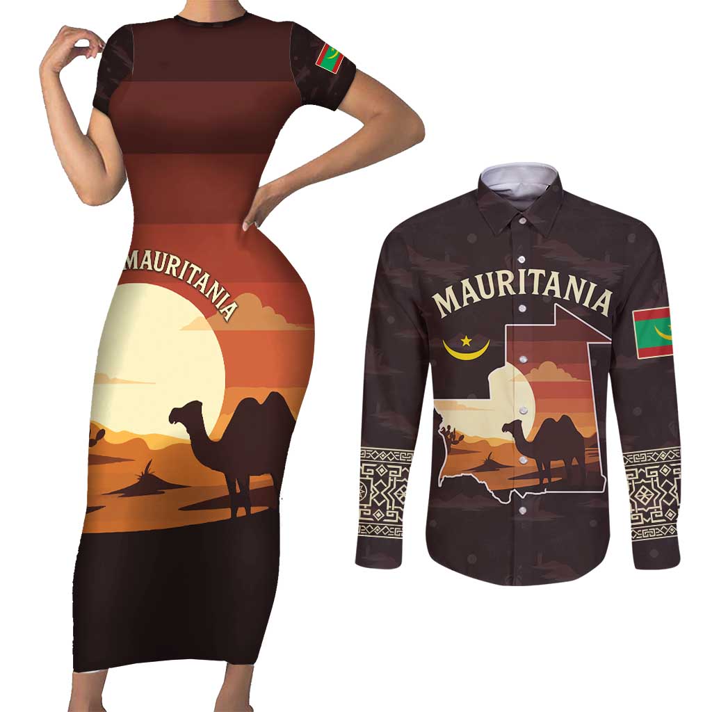 Mauritania Couples Matching Short Sleeve Bodycon Dress and Long Sleeve Button Shirt with Desert Sunset Camel Silhouette and Flag Accents