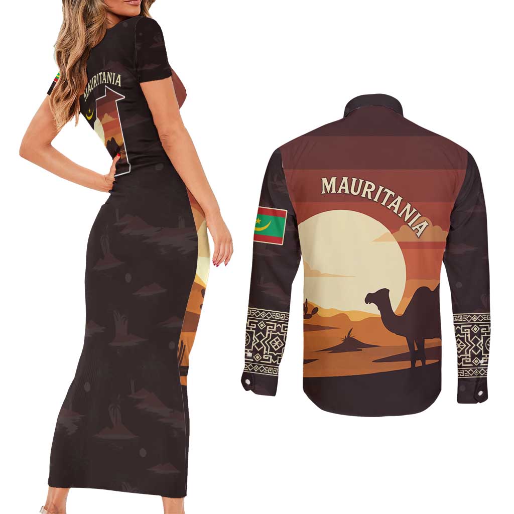 Mauritania Couples Matching Short Sleeve Bodycon Dress and Long Sleeve Button Shirt with Desert Sunset Camel Silhouette and Flag Accents