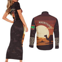 Mauritania Couples Matching Short Sleeve Bodycon Dress and Long Sleeve Button Shirt with Desert Sunset Camel Silhouette and Flag Accents