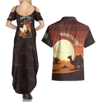 Mauritania Couples Matching Summer Maxi Dress and Hawaiian Shirt with Desert Sunset Camel Silhouette and Flag Accents