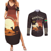 Mauritania Couples Matching Summer Maxi Dress and Long Sleeve Button Shirt with Desert Sunset Camel Silhouette and Flag Accents