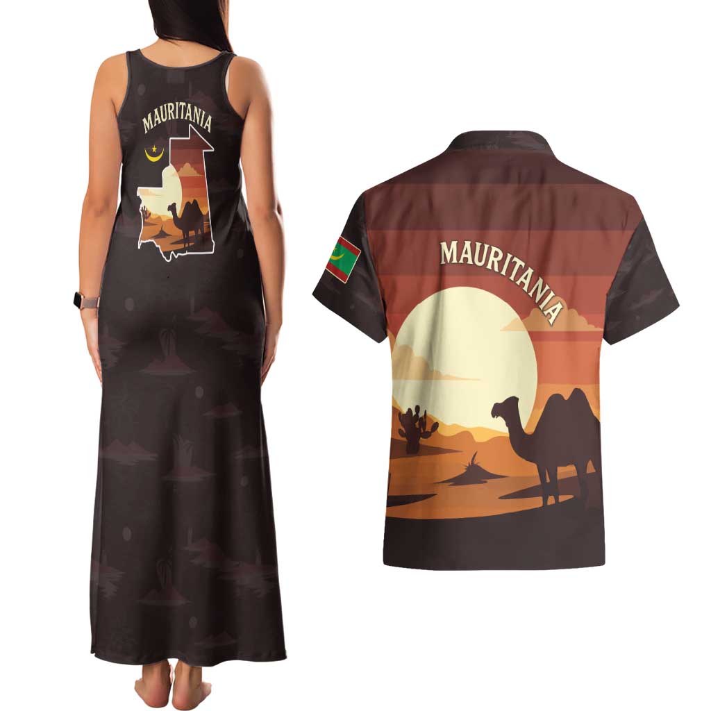Mauritania Couples Matching Tank Maxi Dress and Hawaiian Shirt with Desert Sunset Camel Silhouette and Flag Accents