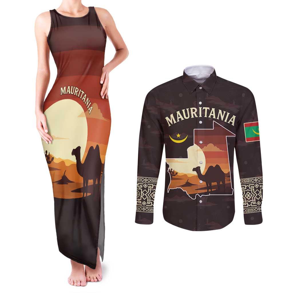 Mauritania Couples Matching Tank Maxi Dress and Long Sleeve Button Shirt with Desert Sunset Camel Silhouette and Flag Accents