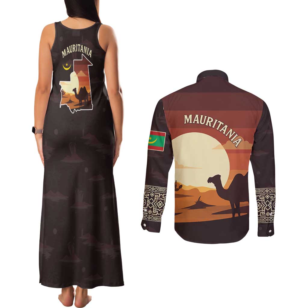 Mauritania Couples Matching Tank Maxi Dress and Long Sleeve Button Shirt with Desert Sunset Camel Silhouette and Flag Accents