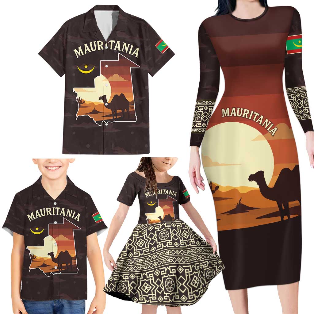 Mauritania Family Matching Long Sleeve Bodycon Dress and Hawaiian Shirt with Desert Sunset Camel Silhouette and Flag Accents