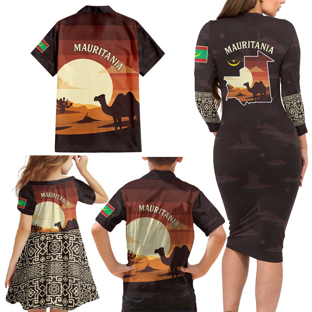 Mauritania Family Matching Long Sleeve Bodycon Dress and Hawaiian Shirt with Desert Sunset Camel Silhouette and Flag Accents