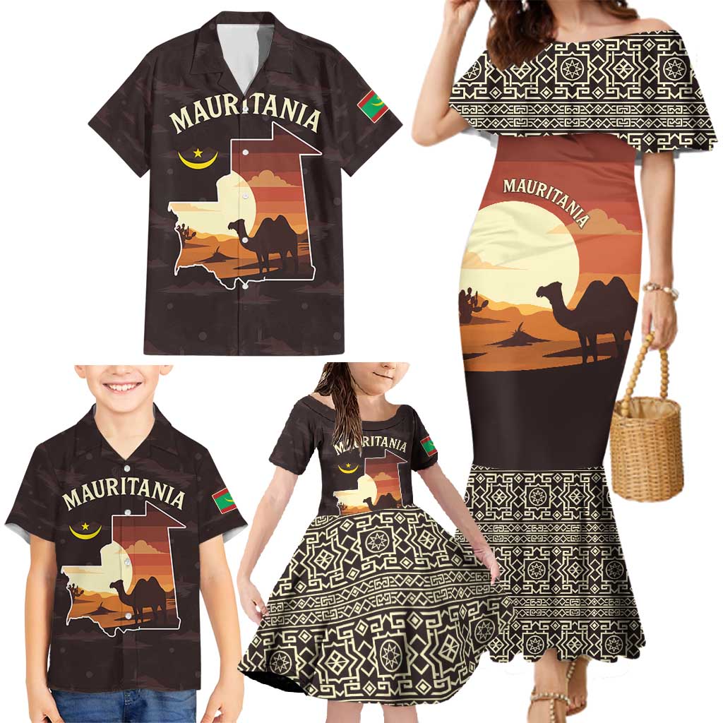 Mauritania Family Matching Mermaid Dress and Hawaiian Shirt with Desert Sunset Camel Silhouette and Flag Accents