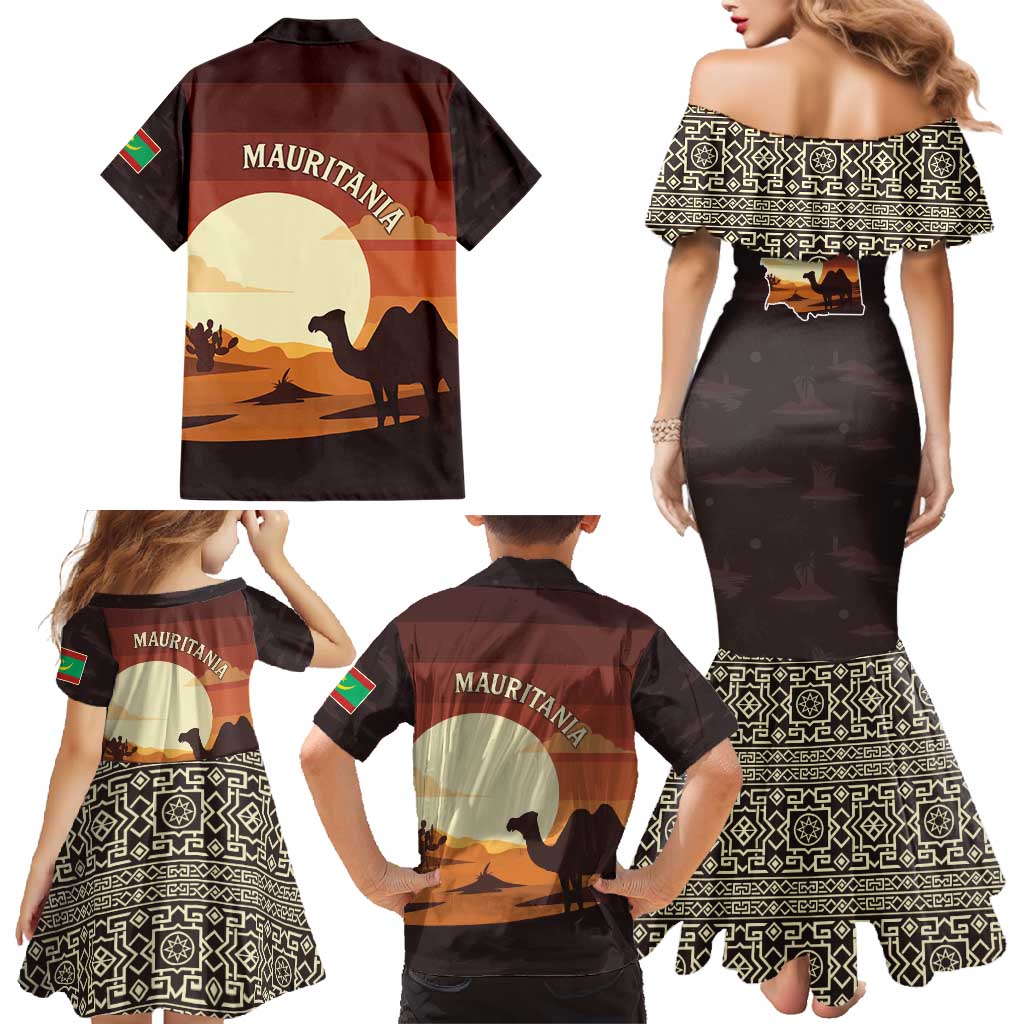 Mauritania Family Matching Mermaid Dress and Hawaiian Shirt with Desert Sunset Camel Silhouette and Flag Accents