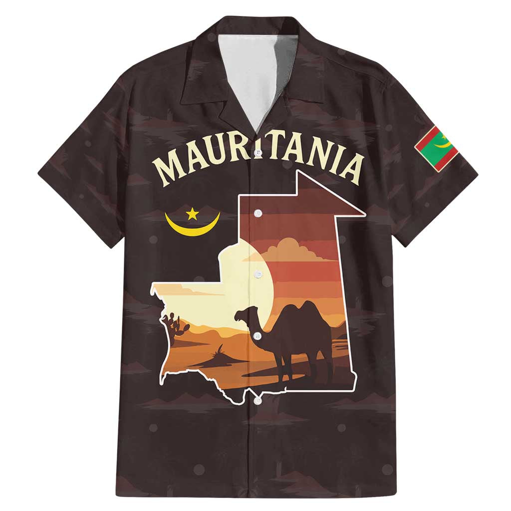 Mauritania Family Matching Mermaid Dress and Hawaiian Shirt with Desert Sunset Camel Silhouette and Flag Accents