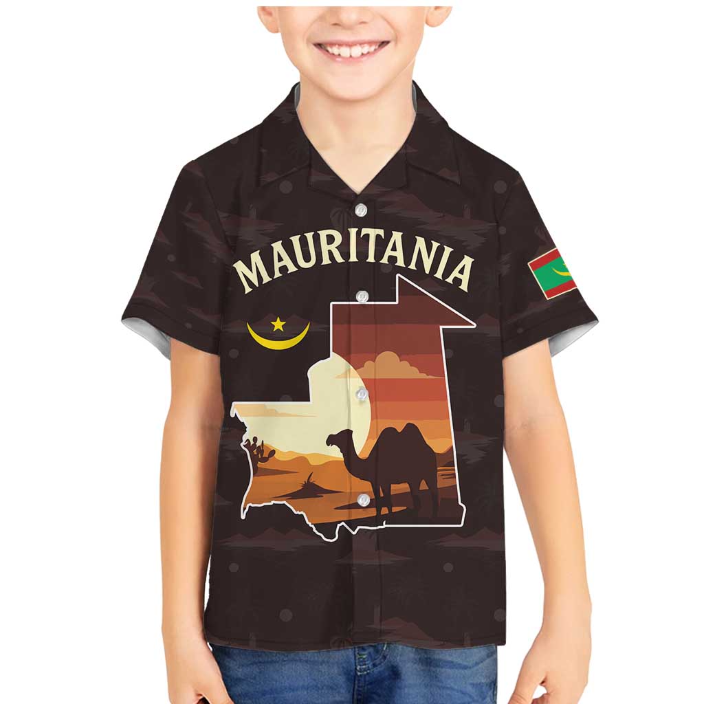 Mauritania Family Matching Mermaid Dress and Hawaiian Shirt with Desert Sunset Camel Silhouette and Flag Accents