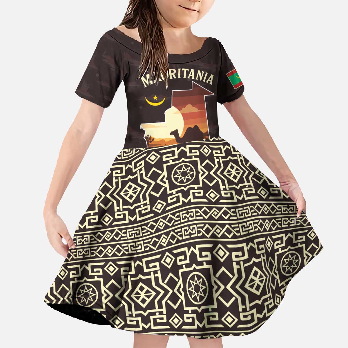 Mauritania Family Matching Off The Shoulder Long Sleeve Dress and Hawaiian Shirt with Desert Sunset Camel Silhouette and Flag Accents