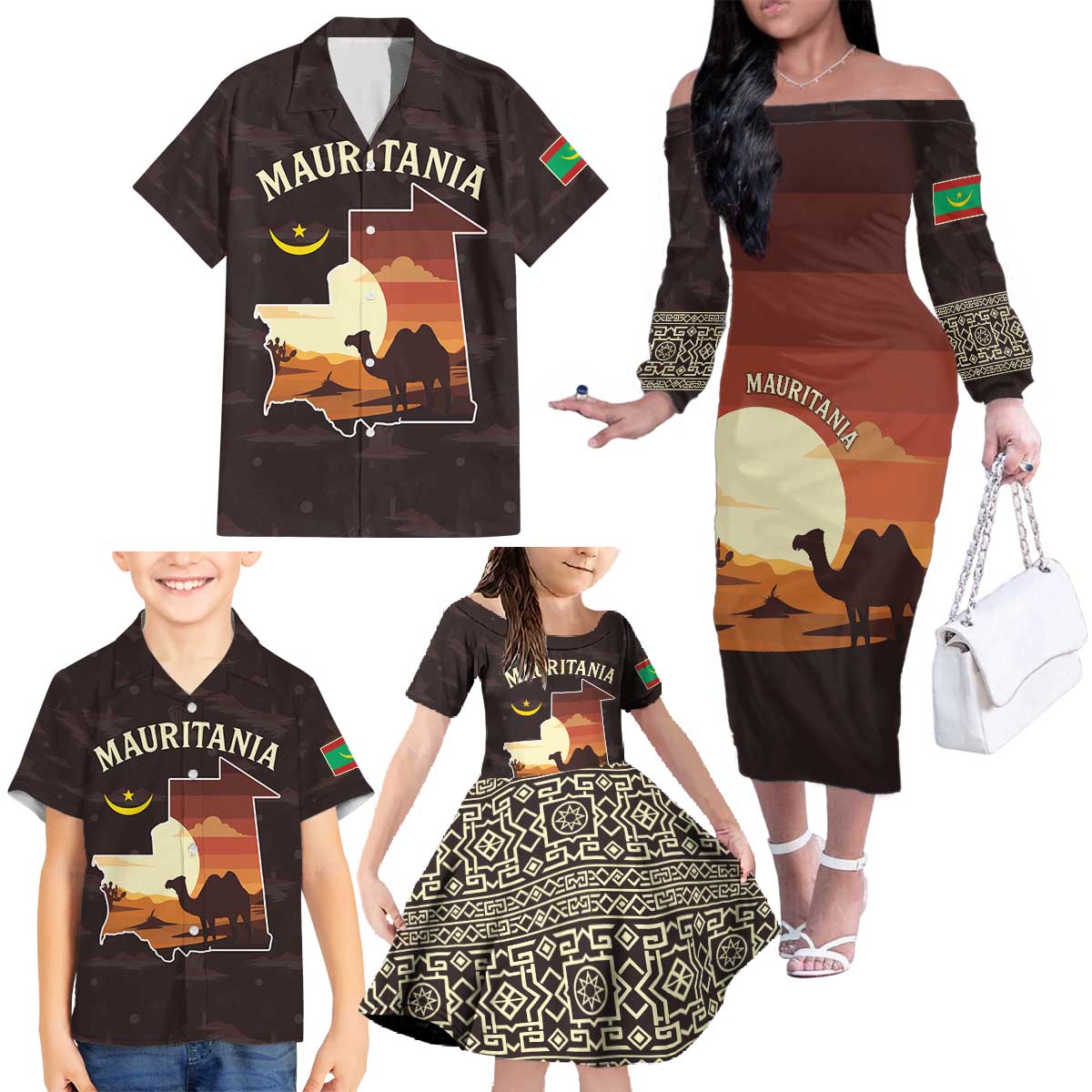 Mauritania Family Matching Off The Shoulder Long Sleeve Dress and Hawaiian Shirt with Desert Sunset Camel Silhouette and Flag Accents