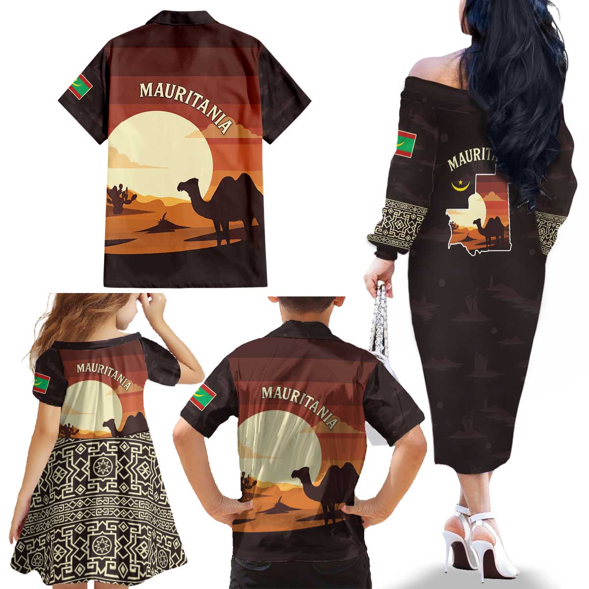 Mauritania Family Matching Off The Shoulder Long Sleeve Dress and Hawaiian Shirt with Desert Sunset Camel Silhouette and Flag Accents