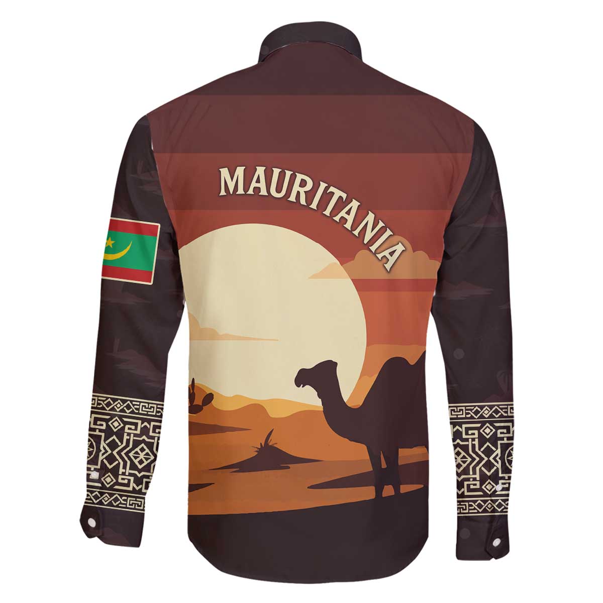 Mauritania Family Matching Off The Shoulder Long Sleeve Dress and Hawaiian Shirt with Desert Sunset Camel Silhouette and Flag Accents