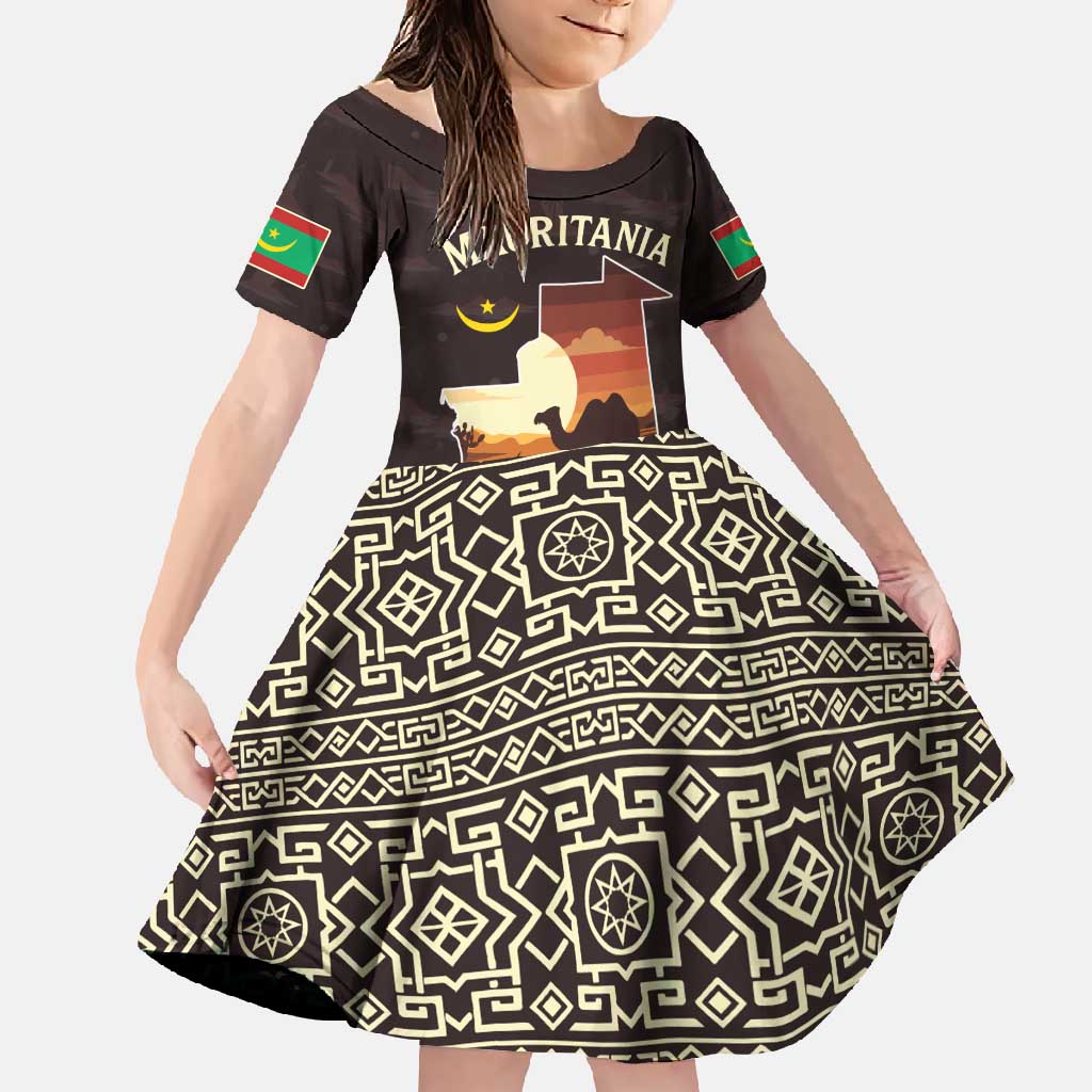Mauritania Family Matching Off Shoulder Maxi Dress and Hawaiian Shirt with Desert Sunset Camel Silhouette and Flag Accents