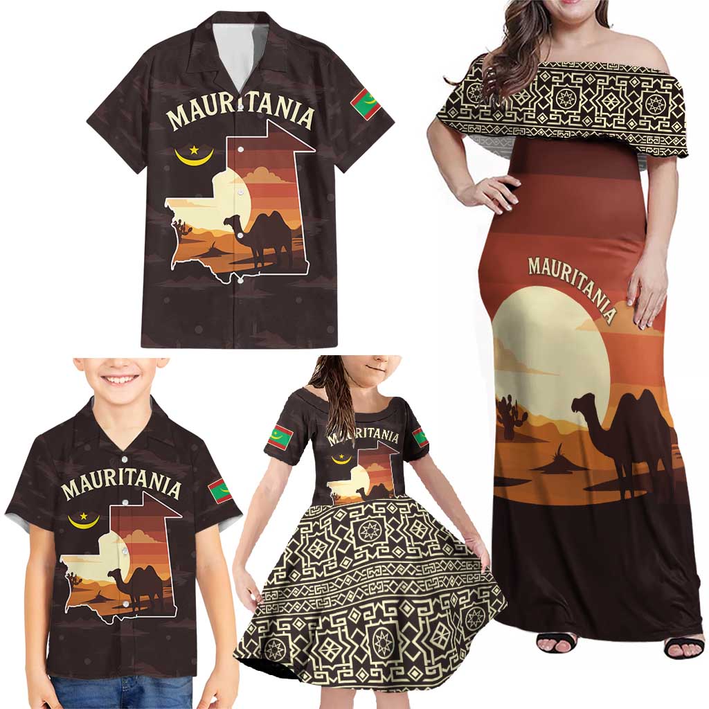 Mauritania Family Matching Off Shoulder Maxi Dress and Hawaiian Shirt with Desert Sunset Camel Silhouette and Flag Accents