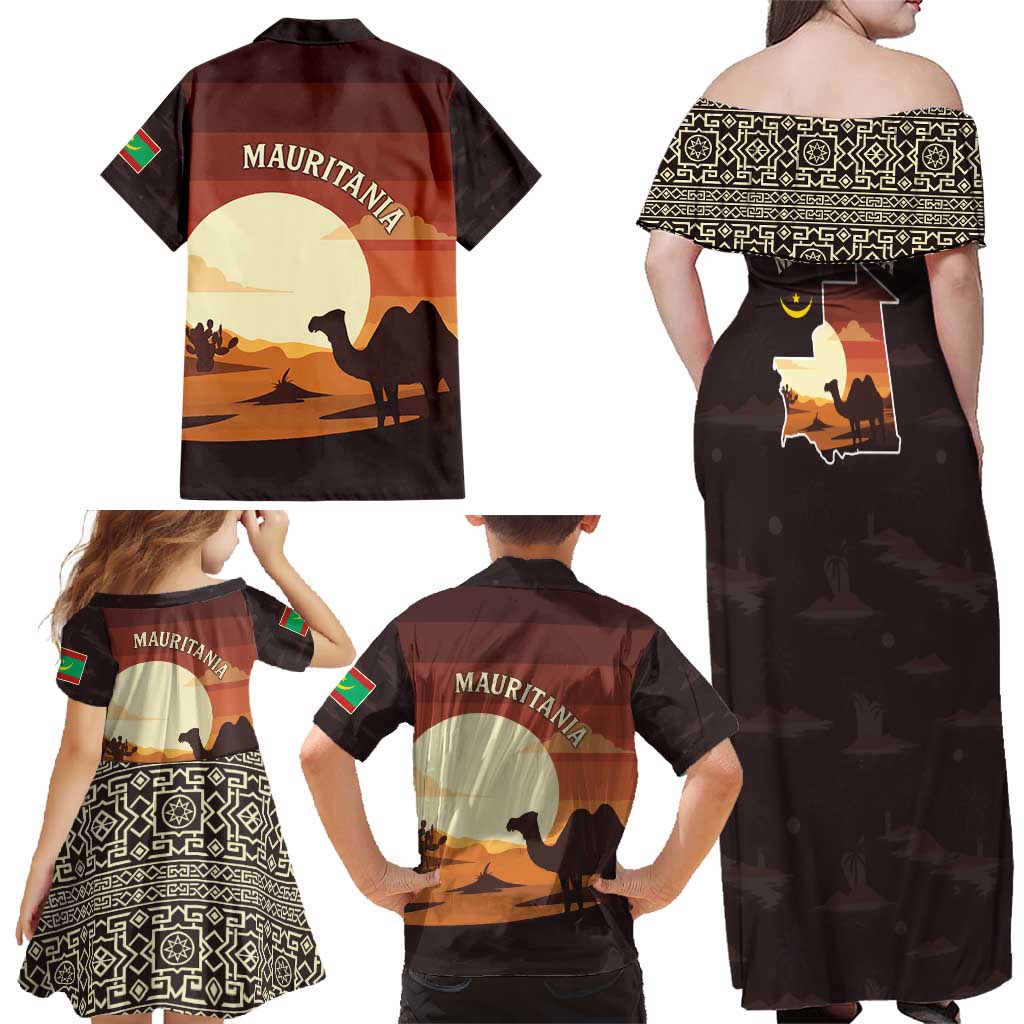 Mauritania Family Matching Off Shoulder Maxi Dress and Hawaiian Shirt with Desert Sunset Camel Silhouette and Flag Accents