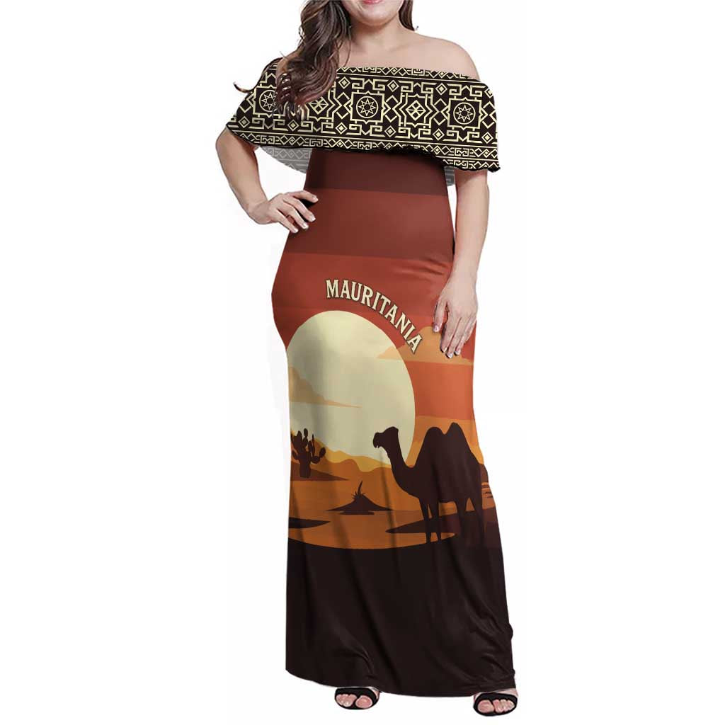 Mauritania Family Matching Off Shoulder Maxi Dress and Hawaiian Shirt with Desert Sunset Camel Silhouette and Flag Accents