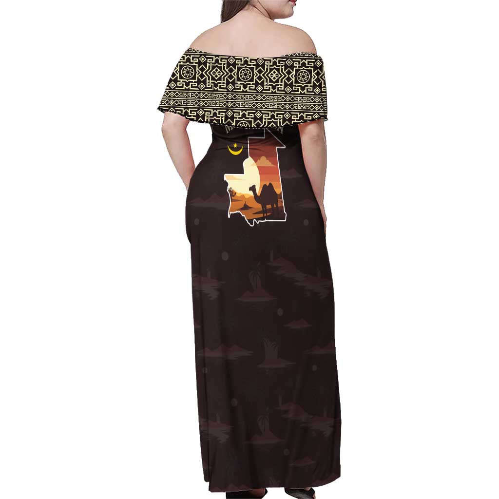 Mauritania Family Matching Off Shoulder Maxi Dress and Hawaiian Shirt with Desert Sunset Camel Silhouette and Flag Accents