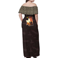 Mauritania Family Matching Off Shoulder Maxi Dress and Hawaiian Shirt with Desert Sunset Camel Silhouette and Flag Accents