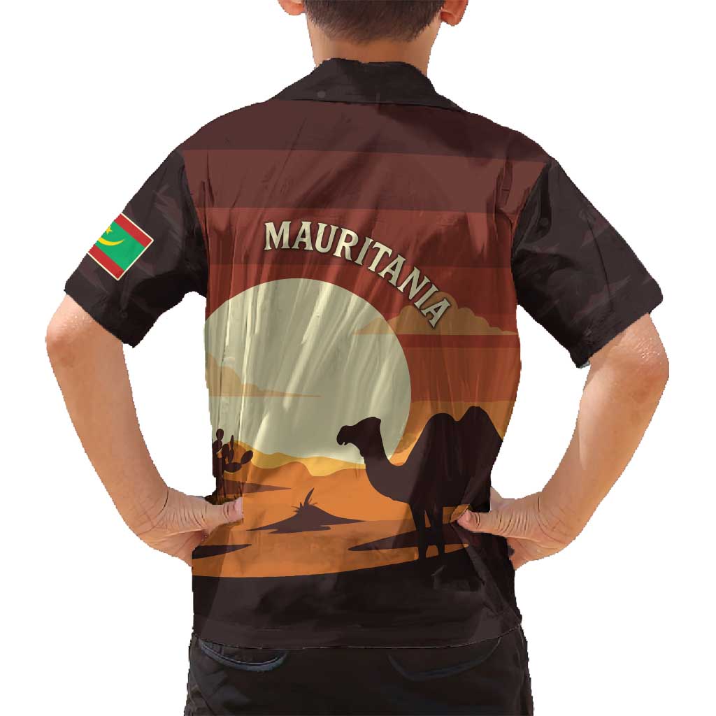 Mauritania Family Matching Off Shoulder Short Dress and Hawaiian Shirt with Desert Sunset Camel Silhouette and Flag Accents