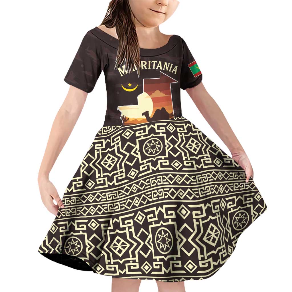 Mauritania Family Matching Off Shoulder Short Dress and Hawaiian Shirt with Desert Sunset Camel Silhouette and Flag Accents