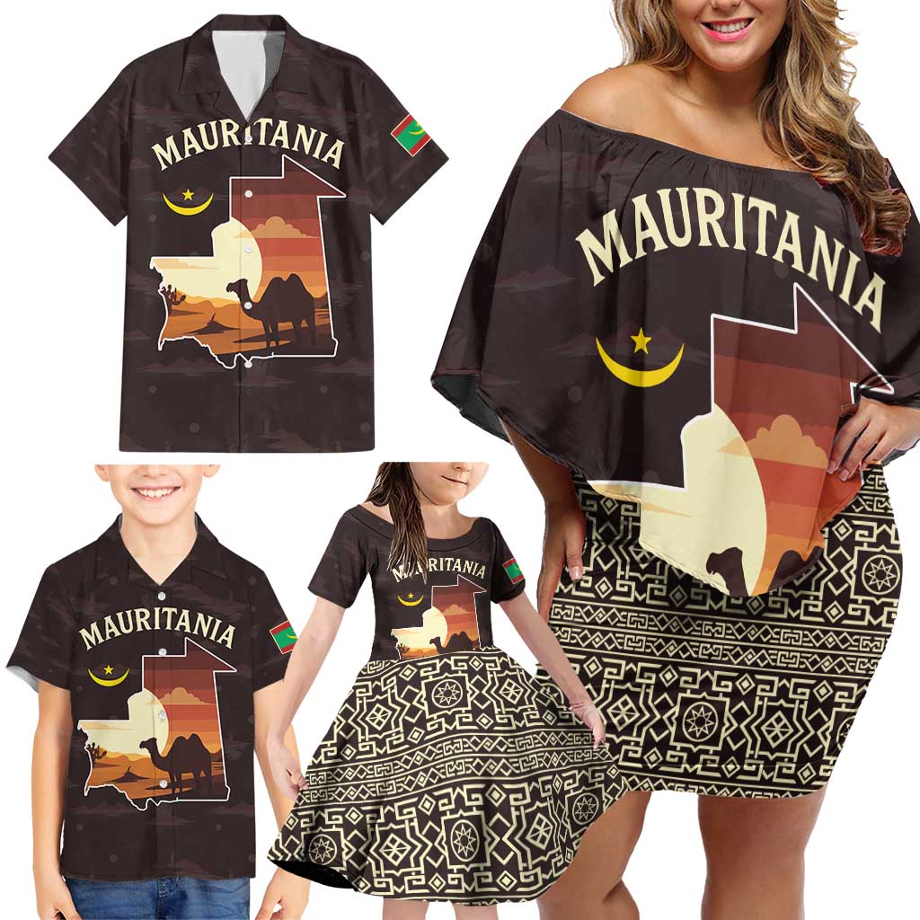 Mauritania Family Matching Off Shoulder Short Dress and Hawaiian Shirt with Desert Sunset Camel Silhouette and Flag Accents