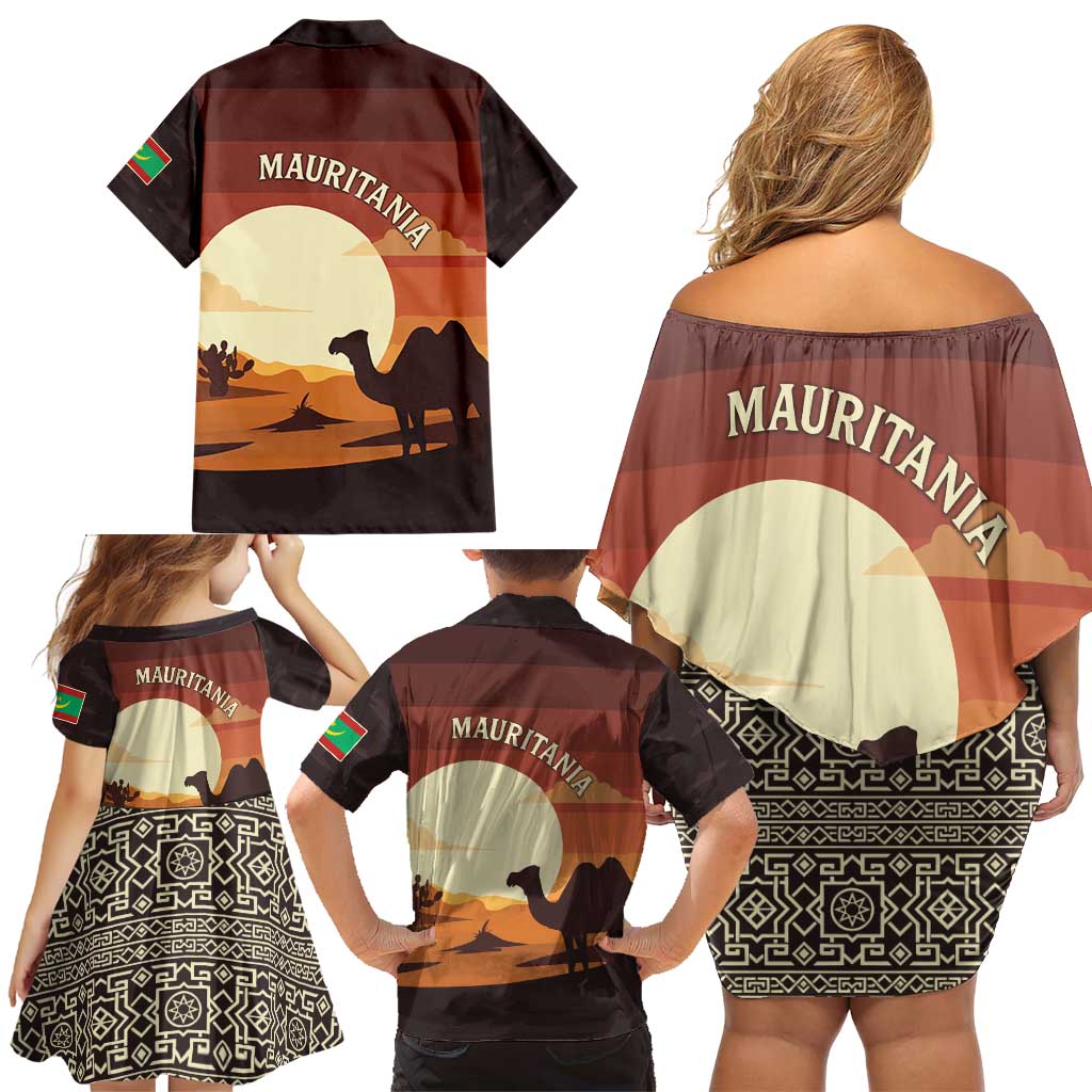 Mauritania Family Matching Off Shoulder Short Dress and Hawaiian Shirt with Desert Sunset Camel Silhouette and Flag Accents
