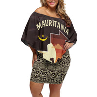 Mauritania Family Matching Off Shoulder Short Dress and Hawaiian Shirt with Desert Sunset Camel Silhouette and Flag Accents