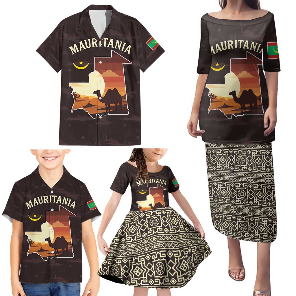 Mauritania Family Matching Puletasi and Hawaiian Shirt with Desert Sunset Camel Silhouette and Flag Accents