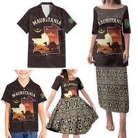 Mauritania Family Matching Puletasi and Hawaiian Shirt with Desert Sunset Camel Silhouette and Flag Accents