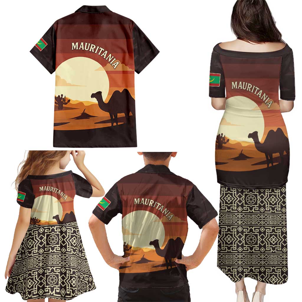 Mauritania Family Matching Puletasi and Hawaiian Shirt with Desert Sunset Camel Silhouette and Flag Accents