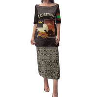 Mauritania Family Matching Puletasi and Hawaiian Shirt with Desert Sunset Camel Silhouette and Flag Accents
