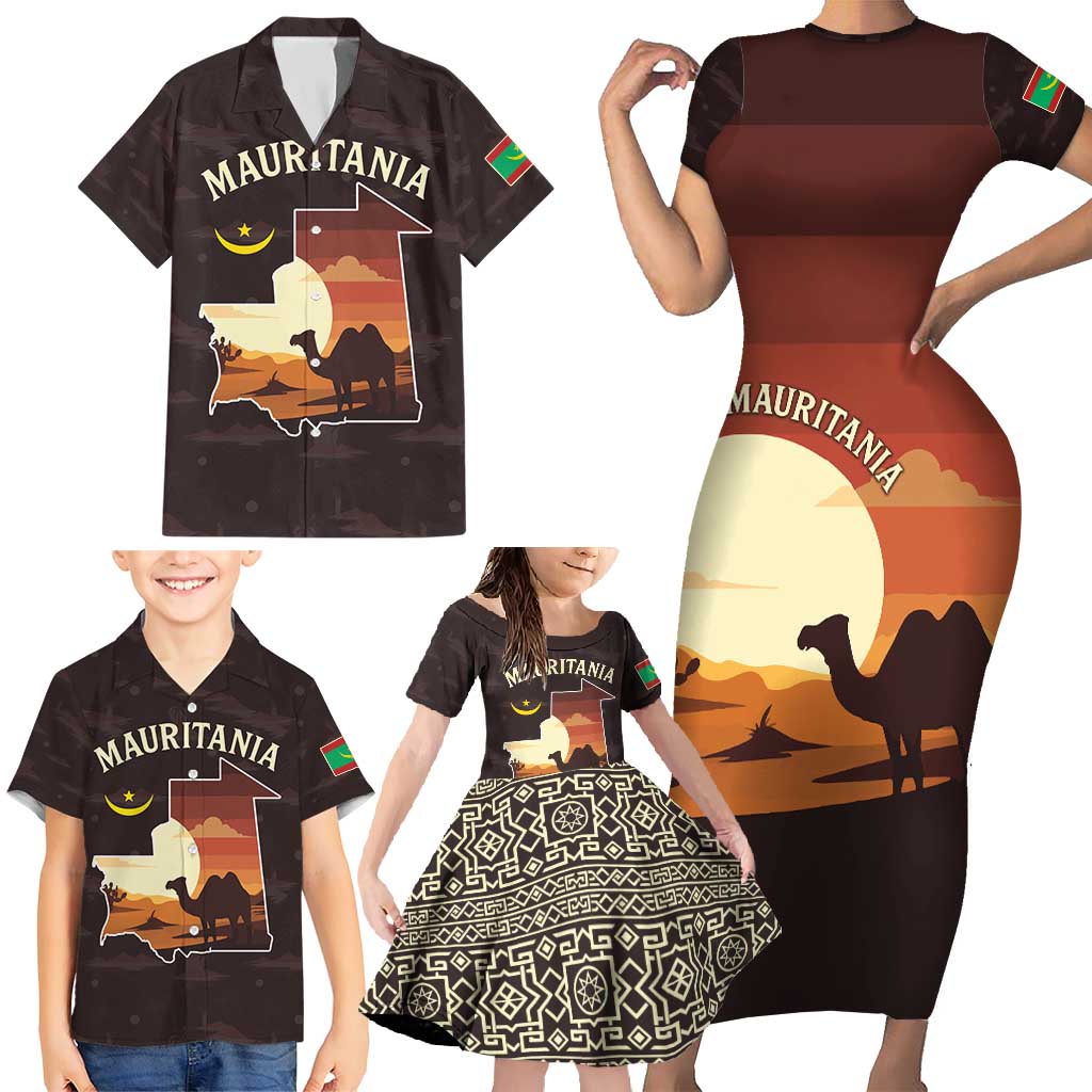 Mauritania Family Matching Short Sleeve Bodycon Dress and Hawaiian Shirt with Desert Sunset Camel Silhouette and Flag Accents