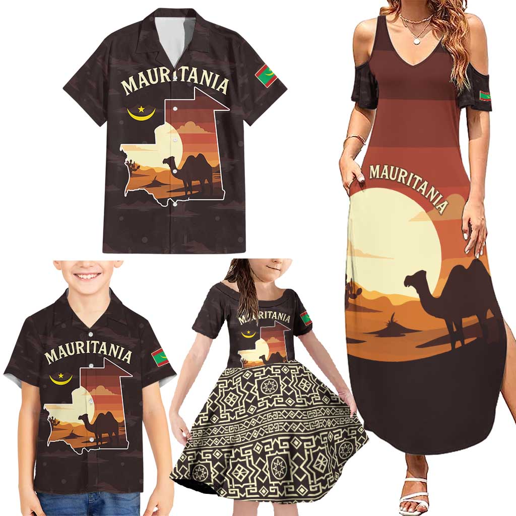 Mauritania Family Matching Summer Maxi Dress and Hawaiian Shirt with Desert Sunset Camel Silhouette and Flag Accents