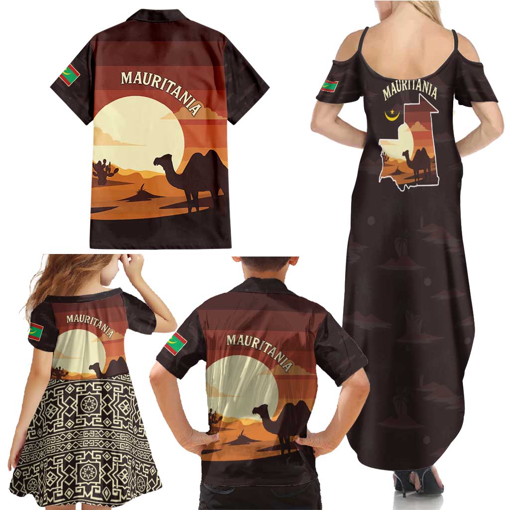 Mauritania Family Matching Summer Maxi Dress and Hawaiian Shirt with Desert Sunset Camel Silhouette and Flag Accents