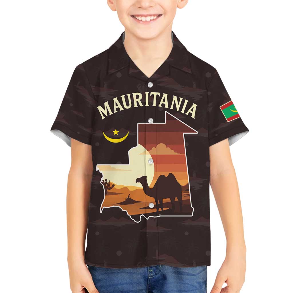 Mauritania Family Matching Summer Maxi Dress and Hawaiian Shirt with Desert Sunset Camel Silhouette and Flag Accents