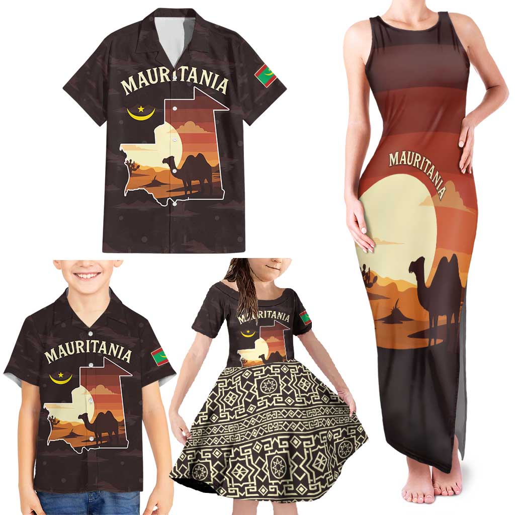 Mauritania Family Matching Tank Maxi Dress and Hawaiian Shirt with Desert Sunset Camel Silhouette and Flag Accents