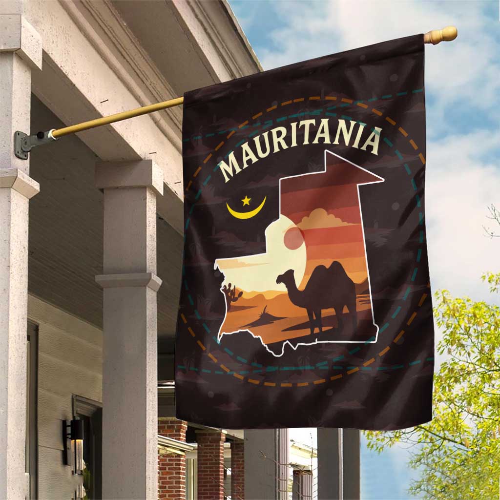 Mauritania Garden Flag with Desert Sunset Camel Silhouette and Flag Accents